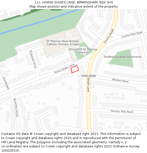 111, HORSE SHOES LANE, BIRMINGHAM, B26 3HS: Location map and indicative extent of plot