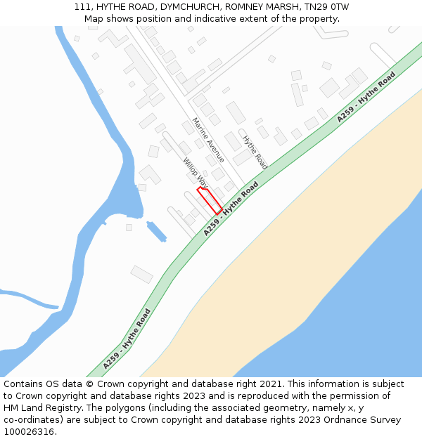 111, HYTHE ROAD, DYMCHURCH, ROMNEY MARSH, TN29 0TW: Location map and indicative extent of plot