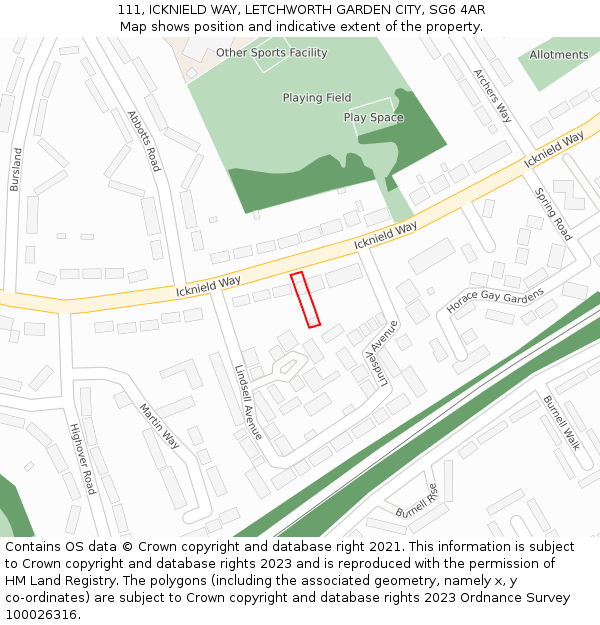 111, ICKNIELD WAY, LETCHWORTH GARDEN CITY, SG6 4AR: Location map and indicative extent of plot