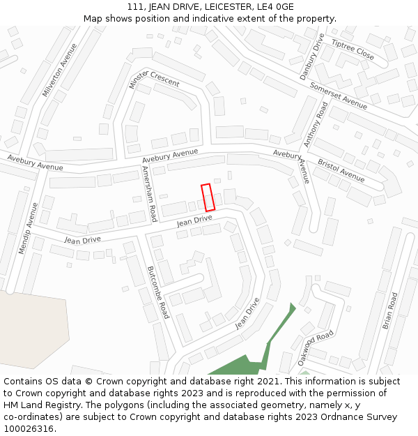 111, JEAN DRIVE, LEICESTER, LE4 0GE: Location map and indicative extent of plot