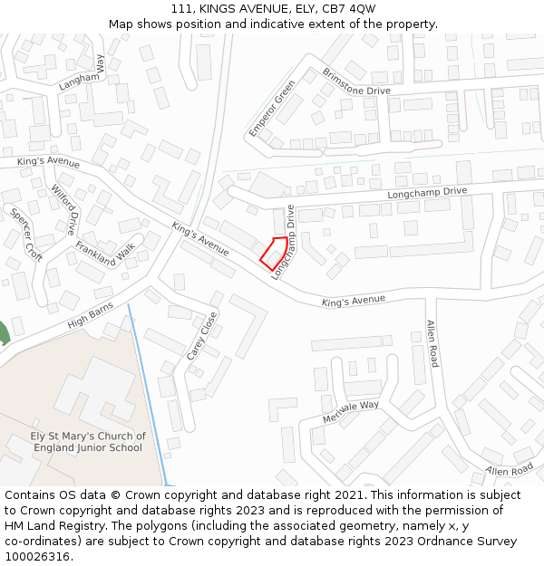 111, KINGS AVENUE, ELY, CB7 4QW: Location map and indicative extent of plot