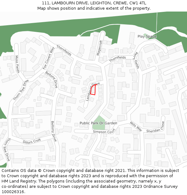 111, LAMBOURN DRIVE, LEIGHTON, CREWE, CW1 4TL: Location map and indicative extent of plot