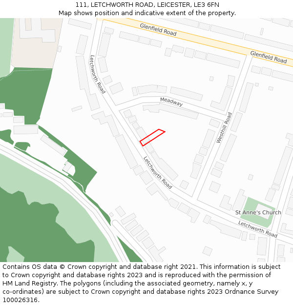 111, LETCHWORTH ROAD, LEICESTER, LE3 6FN: Location map and indicative extent of plot