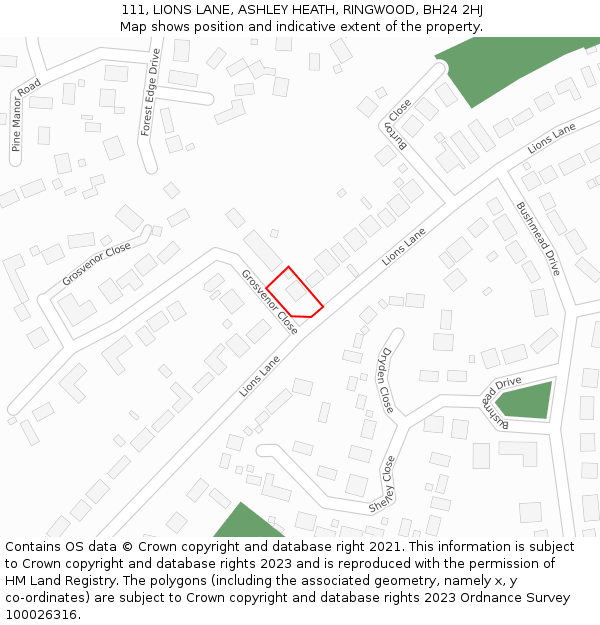 111, LIONS LANE, ASHLEY HEATH, RINGWOOD, BH24 2HJ: Location map and indicative extent of plot