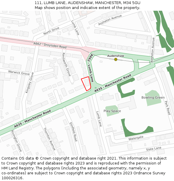 111, LUMB LANE, AUDENSHAW, MANCHESTER, M34 5GU: Location map and indicative extent of plot