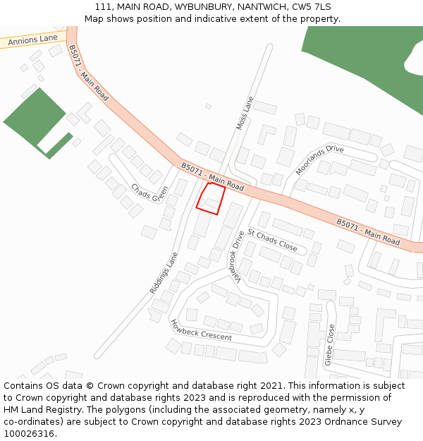 111, MAIN ROAD, WYBUNBURY, NANTWICH, CW5 7LS: Location map and indicative extent of plot