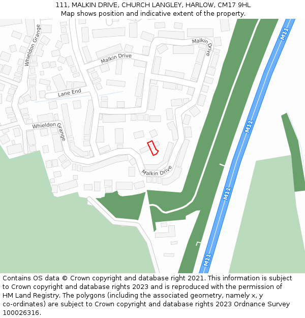 111, MALKIN DRIVE, CHURCH LANGLEY, HARLOW, CM17 9HL: Location map and indicative extent of plot