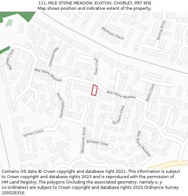 111, MILE STONE MEADOW, EUXTON, CHORLEY, PR7 6FB: Location map and indicative extent of plot