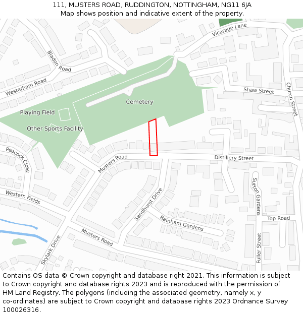 111, MUSTERS ROAD, RUDDINGTON, NOTTINGHAM, NG11 6JA: Location map and indicative extent of plot