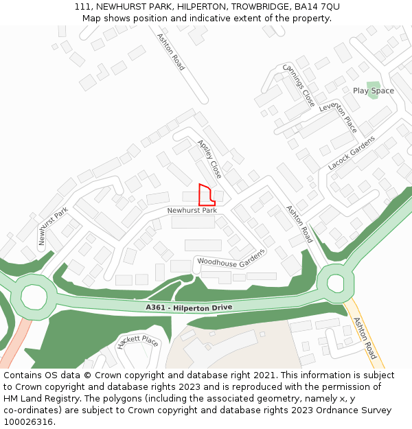 111, NEWHURST PARK, HILPERTON, TROWBRIDGE, BA14 7QU: Location map and indicative extent of plot