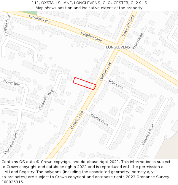 111, OXSTALLS LANE, LONGLEVENS, GLOUCESTER, GL2 9HS: Location map and indicative extent of plot