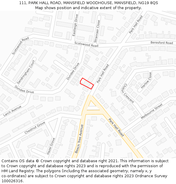 111, PARK HALL ROAD, MANSFIELD WOODHOUSE, MANSFIELD, NG19 8QS: Location map and indicative extent of plot