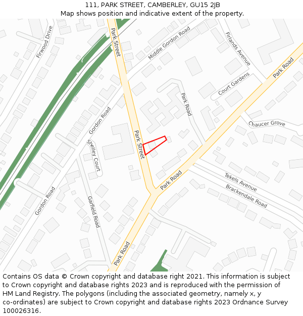 111, PARK STREET, CAMBERLEY, GU15 2JB: Location map and indicative extent of plot