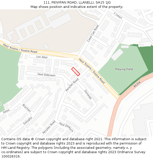 111, PENYFAN ROAD, LLANELLI, SA15 1JG: Location map and indicative extent of plot