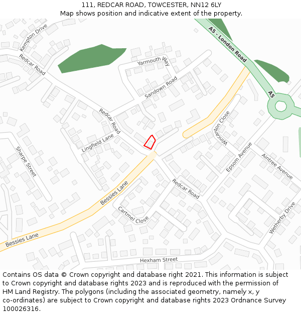 111, REDCAR ROAD, TOWCESTER, NN12 6LY: Location map and indicative extent of plot