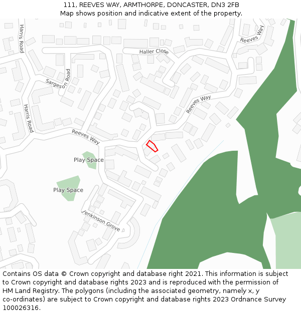 111, REEVES WAY, ARMTHORPE, DONCASTER, DN3 2FB: Location map and indicative extent of plot