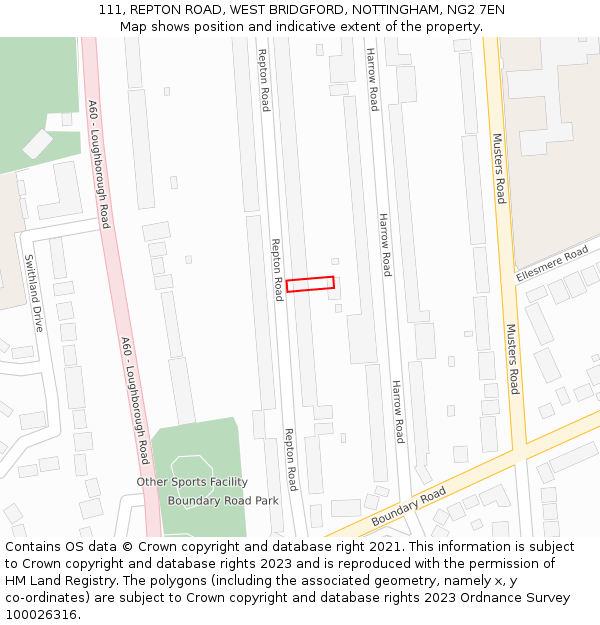 111, REPTON ROAD, WEST BRIDGFORD, NOTTINGHAM, NG2 7EN: Location map and indicative extent of plot