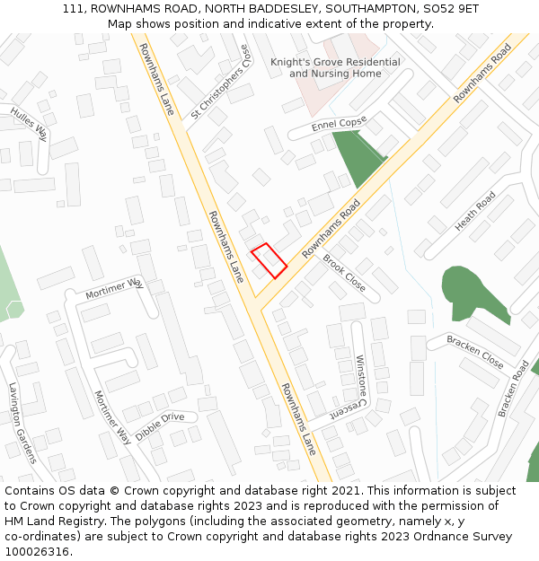 111, ROWNHAMS ROAD, NORTH BADDESLEY, SOUTHAMPTON, SO52 9ET: Location map and indicative extent of plot