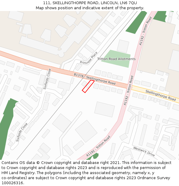 111, SKELLINGTHORPE ROAD, LINCOLN, LN6 7QU: Location map and indicative extent of plot