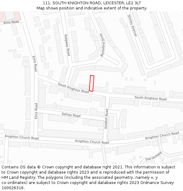 111, SOUTH KNIGHTON ROAD, LEICESTER, LE2 3LT: Location map and indicative extent of plot