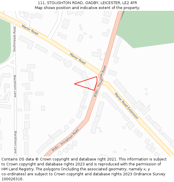 111, STOUGHTON ROAD, OADBY, LEICESTER, LE2 4FR: Location map and indicative extent of plot