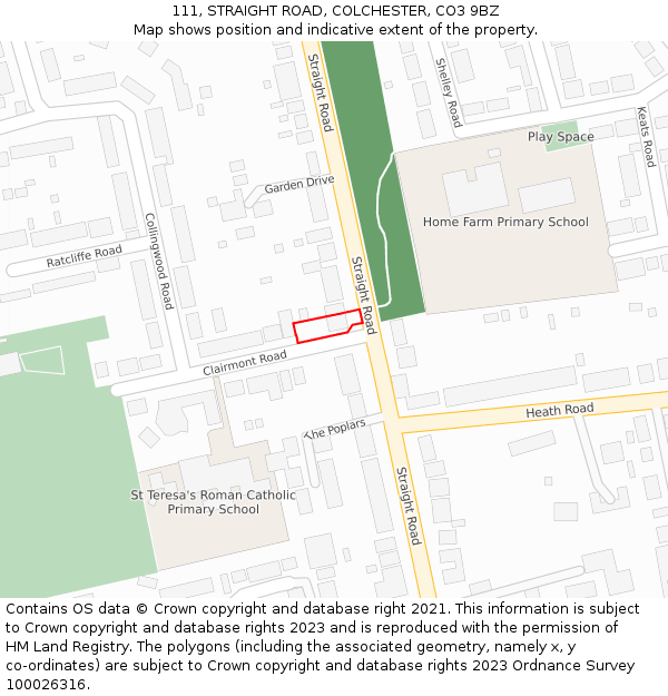 111, STRAIGHT ROAD, COLCHESTER, CO3 9BZ: Location map and indicative extent of plot