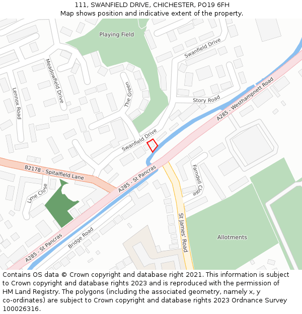 111, SWANFIELD DRIVE, CHICHESTER, PO19 6FH: Location map and indicative extent of plot