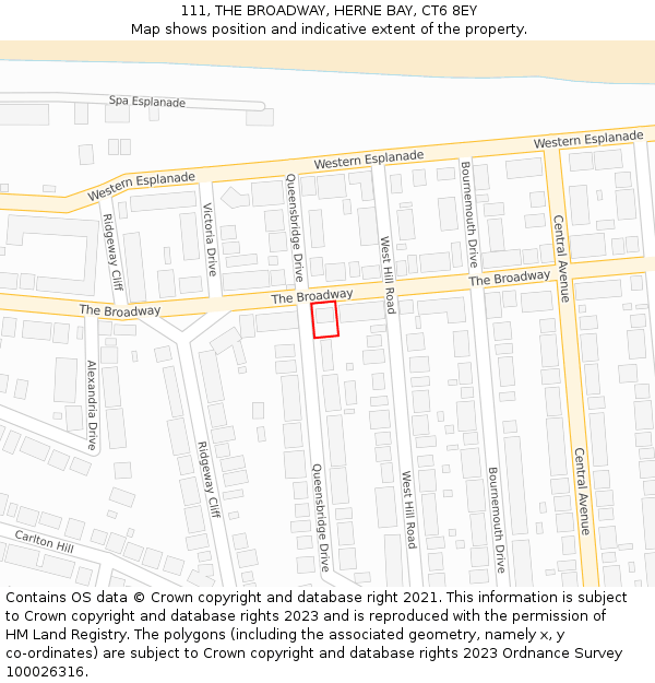 111, THE BROADWAY, HERNE BAY, CT6 8EY: Location map and indicative extent of plot