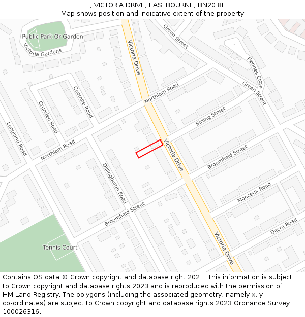 111, VICTORIA DRIVE, EASTBOURNE, BN20 8LE: Location map and indicative extent of plot