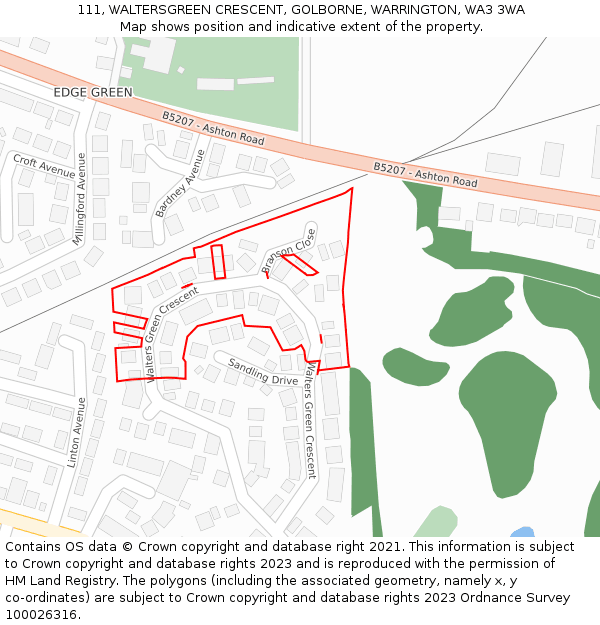 111, WALTERSGREEN CRESCENT, GOLBORNE, WARRINGTON, WA3 3WA: Location map and indicative extent of plot