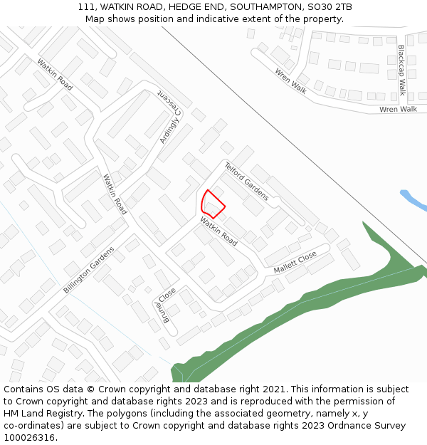 111, WATKIN ROAD, HEDGE END, SOUTHAMPTON, SO30 2TB: Location map and indicative extent of plot