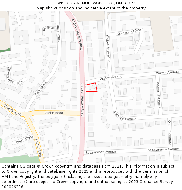 111, WISTON AVENUE, WORTHING, BN14 7PP: Location map and indicative extent of plot