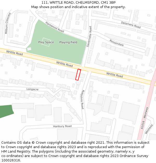 111, WRITTLE ROAD, CHELMSFORD, CM1 3BP: Location map and indicative extent of plot