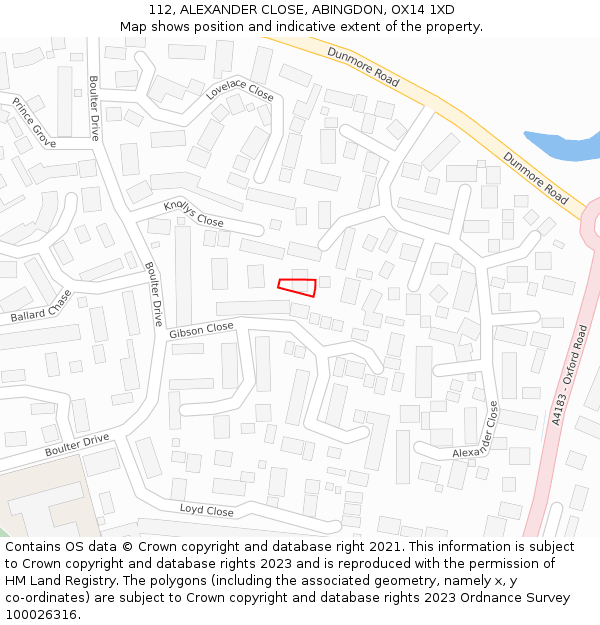 112, ALEXANDER CLOSE, ABINGDON, OX14 1XD: Location map and indicative extent of plot