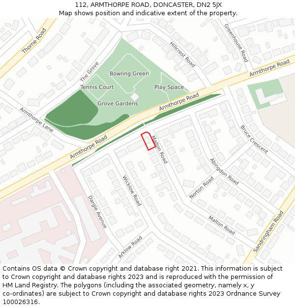 112, ARMTHORPE ROAD, DONCASTER, DN2 5JX: Location map and indicative extent of plot