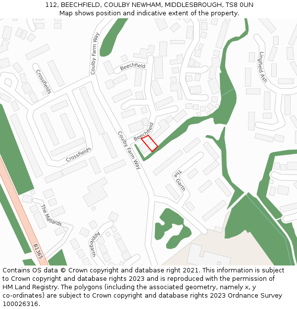 112, BEECHFIELD, COULBY NEWHAM, MIDDLESBROUGH, TS8 0UN: Location map and indicative extent of plot