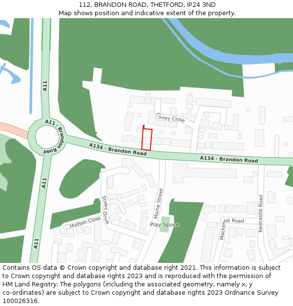 112, BRANDON ROAD, THETFORD, IP24 3ND: Location map and indicative extent of plot