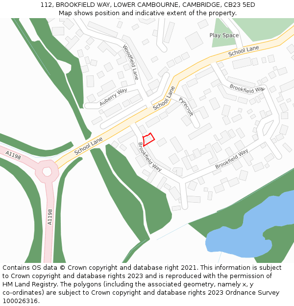 112, BROOKFIELD WAY, LOWER CAMBOURNE, CAMBRIDGE, CB23 5ED: Location map and indicative extent of plot