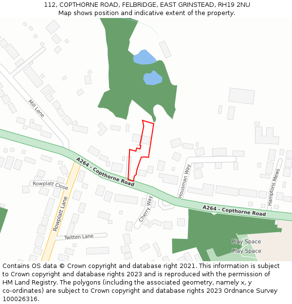 112, COPTHORNE ROAD, FELBRIDGE, EAST GRINSTEAD, RH19 2NU: Location map and indicative extent of plot