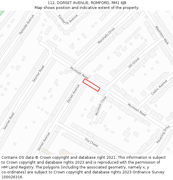 112, DORSET AVENUE, ROMFORD, RM1 4JB: Location map and indicative extent of plot