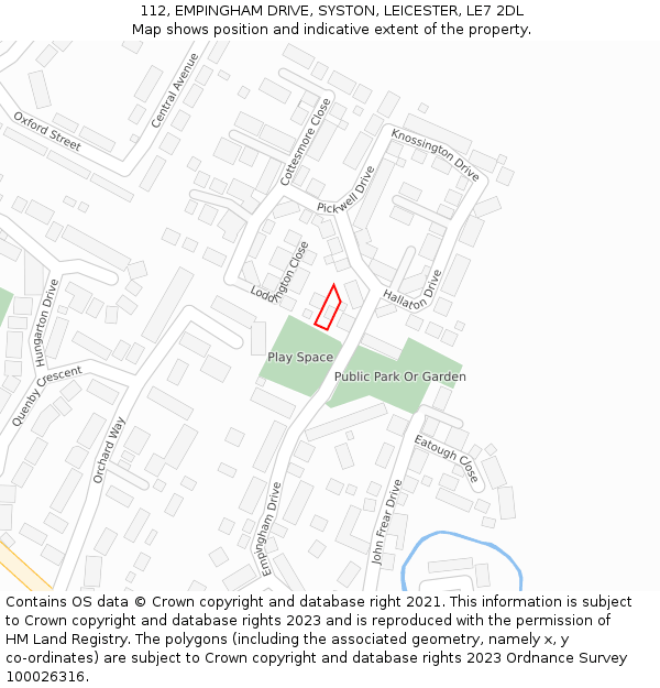 112, EMPINGHAM DRIVE, SYSTON, LEICESTER, LE7 2DL: Location map and indicative extent of plot