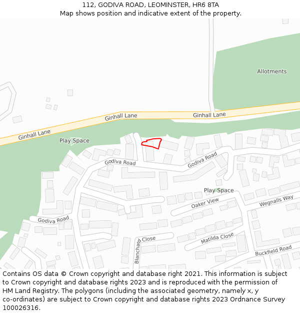 112, GODIVA ROAD, LEOMINSTER, HR6 8TA: Location map and indicative extent of plot