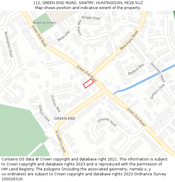 112, GREEN END ROAD, SAWTRY, HUNTINGDON, PE28 5UZ: Location map and indicative extent of plot