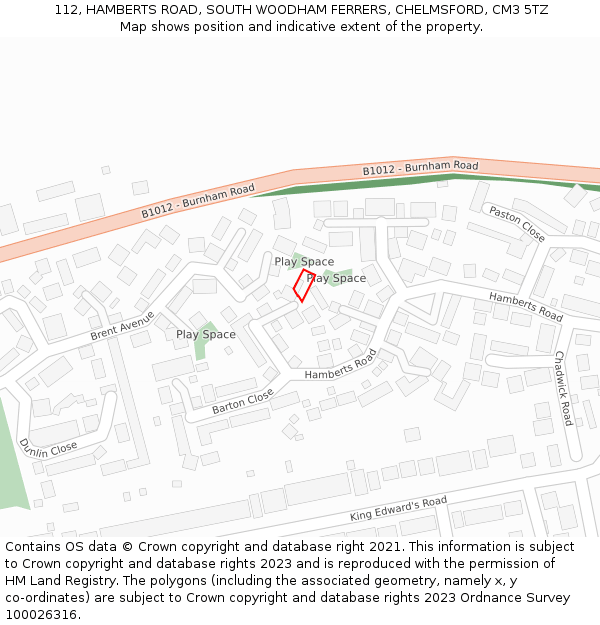 112, HAMBERTS ROAD, SOUTH WOODHAM FERRERS, CHELMSFORD, CM3 5TZ: Location map and indicative extent of plot