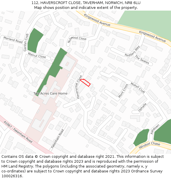 112, HAVERSCROFT CLOSE, TAVERHAM, NORWICH, NR8 6LU: Location map and indicative extent of plot