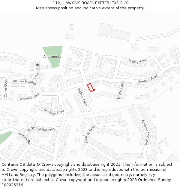 112, HAWKINS ROAD, EXETER, EX1 3UX: Location map and indicative extent of plot