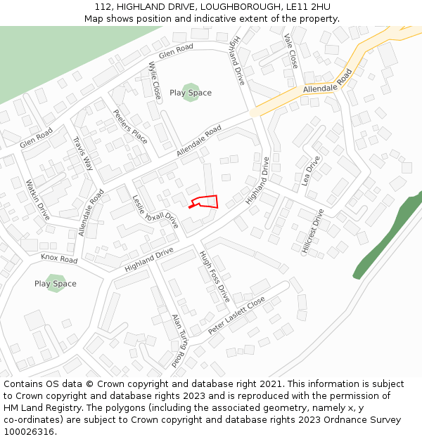 112, HIGHLAND DRIVE, LOUGHBOROUGH, LE11 2HU: Location map and indicative extent of plot
