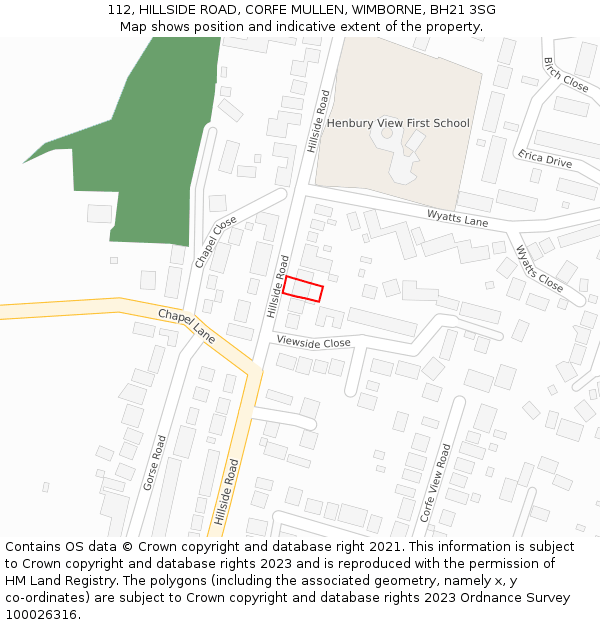 112, HILLSIDE ROAD, CORFE MULLEN, WIMBORNE, BH21 3SG: Location map and indicative extent of plot