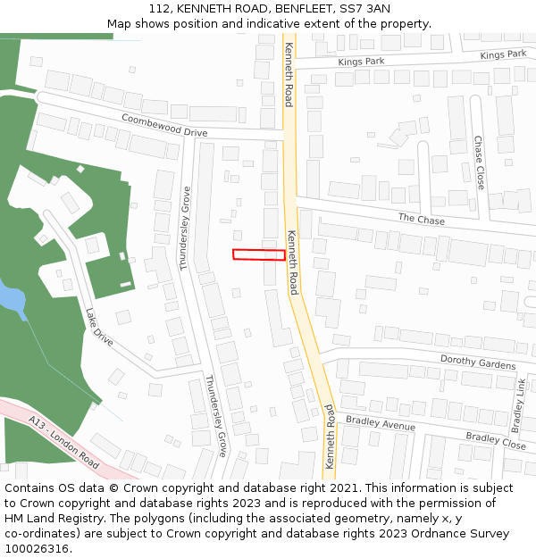 112, KENNETH ROAD, BENFLEET, SS7 3AN: Location map and indicative extent of plot