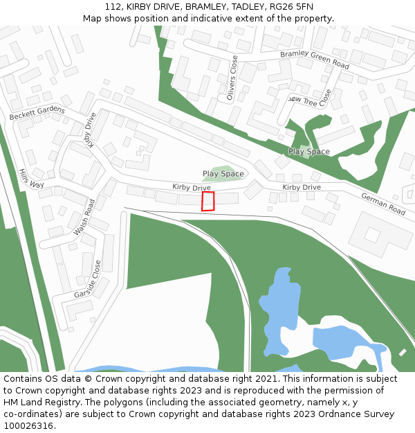 112, KIRBY DRIVE, BRAMLEY, TADLEY, RG26 5FN: Location map and indicative extent of plot